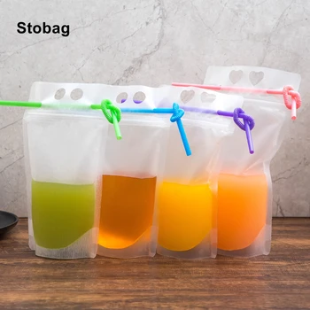 StoBag 50Pcs ของเหลวพลาสติกบรรจุภัณฑ์ฟางดื่มกระเป๋าเครื่องดื่มปิดผนึก Clear Stand Up เก็บขายส่ง