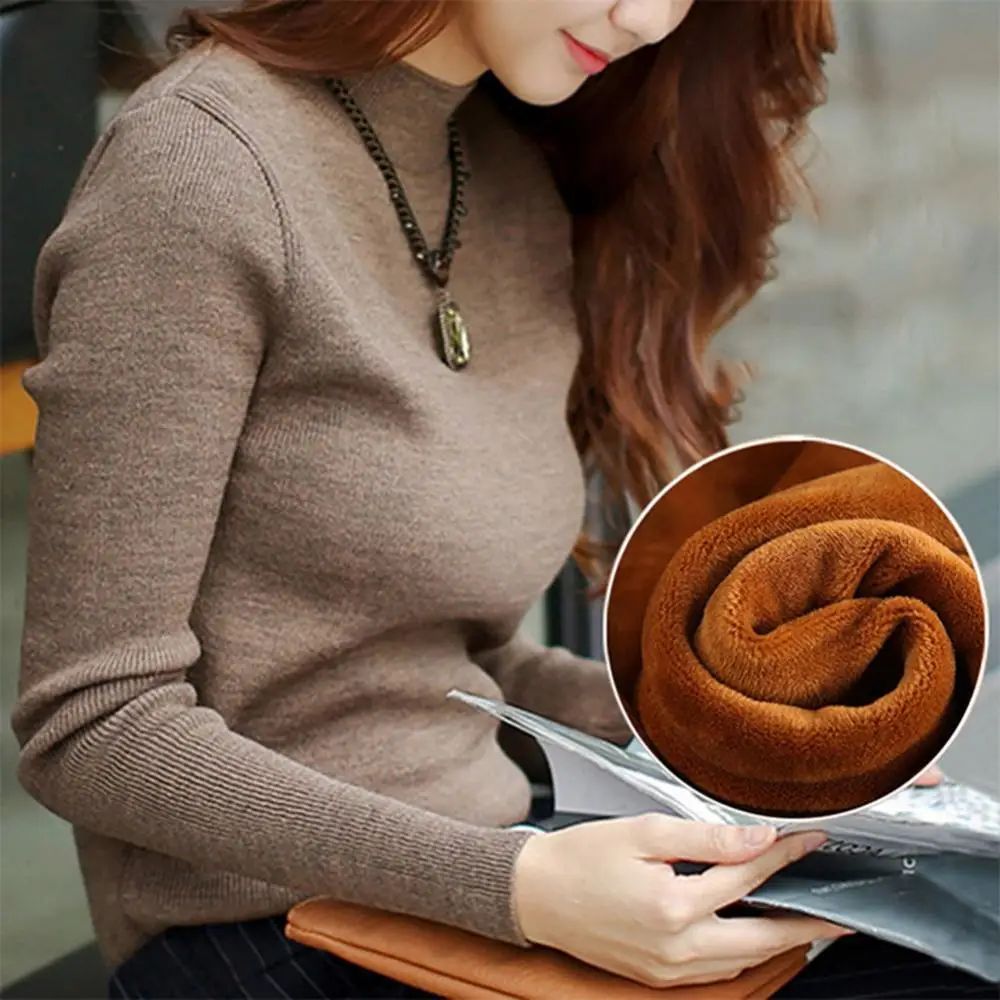 

Fleeced Lined Basic Pullover Casual Women Long Sleeve Sweater Autumn Winter Solid Color Tops Turtleneck Warm Knitted Sweater