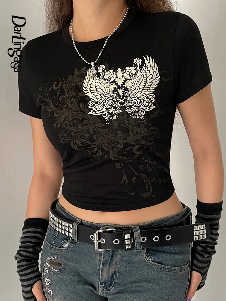 

Darlingaga Vintage Grunge Fairycore Printed Women's T-shirt Summer Cropped Tops Y2K Dark Academia Tee Streetwear Aesthetic Shirt