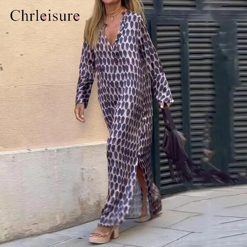 

Женское платье с длинным рукавом CHRLEISURE, длинное платье с V-образным вырезом и принтом, одежда для отдыха на лето