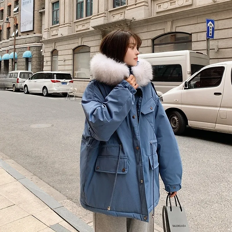 Women Fashion Fur Collar Hooded Loose Long Parkas Winter Coats Thick Cotton Padded Jackets Female Solid Loose Casual Overcoat