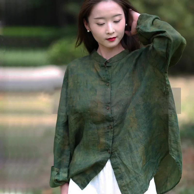 Ранняя осень оригинальный дизайн свободная тонкая рубашка Ramie с длинными