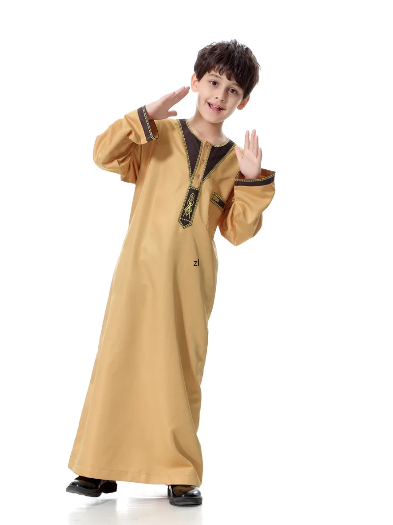 Turkish Muslim Kids Abaya Jubba Thobe Kimono Boy Thobe Thawb Caftan for Children Islamic Clothing Long Robes Dress Dubai Arab