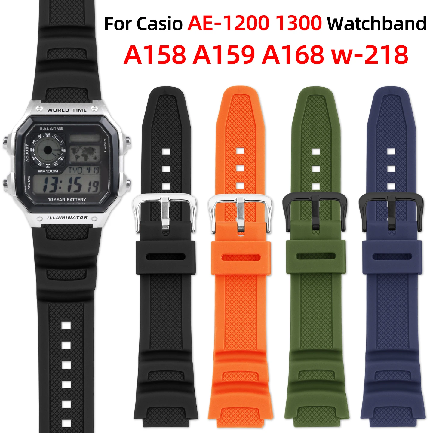 Фото Резиновый ремешок для часов AE1200 для Casio AE-1200, AE-1200WH, AE-1300, A158/159, A168W/A158W, F91W, силиконовый ремешок 18 мм, аксессуары для часов №1