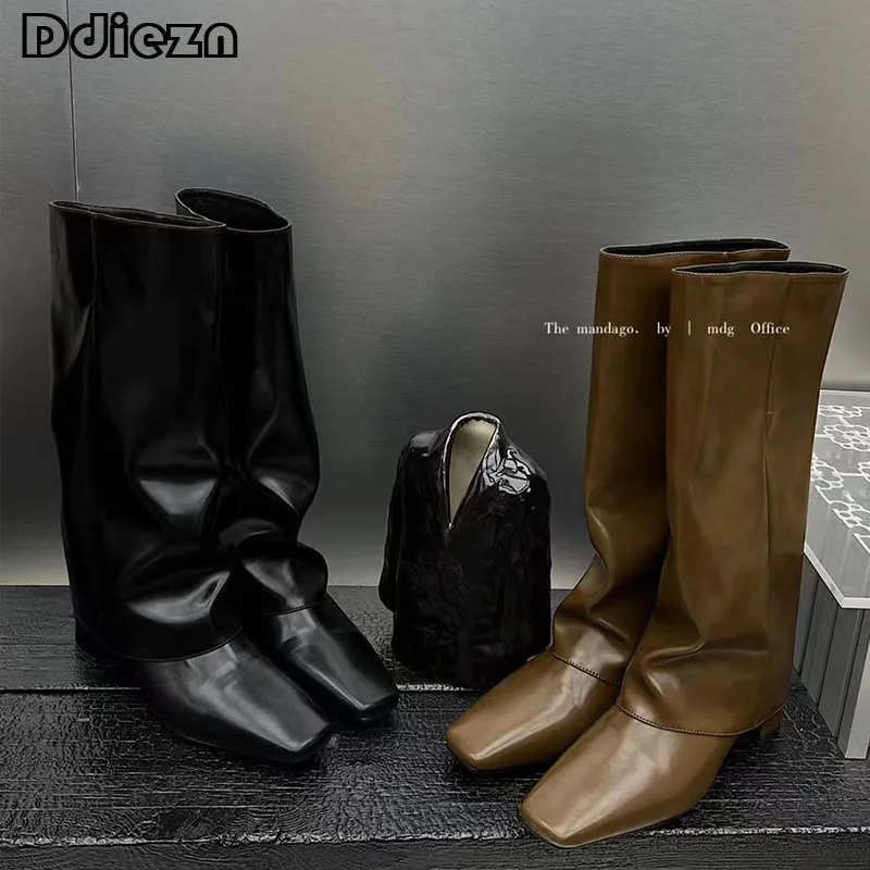 

Knee-High Women Pumps Long Boots Shoes Square Toe Fashion Slip-On Modern Ladies Chelsea Boots Autumn New Black Female Shoes