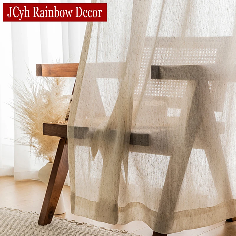 Linen Look Beige Sheer Curtains for Living Room Tulle Luxury Curtain In The Bedroom Window Japanese Short Kitchen Door Drapes