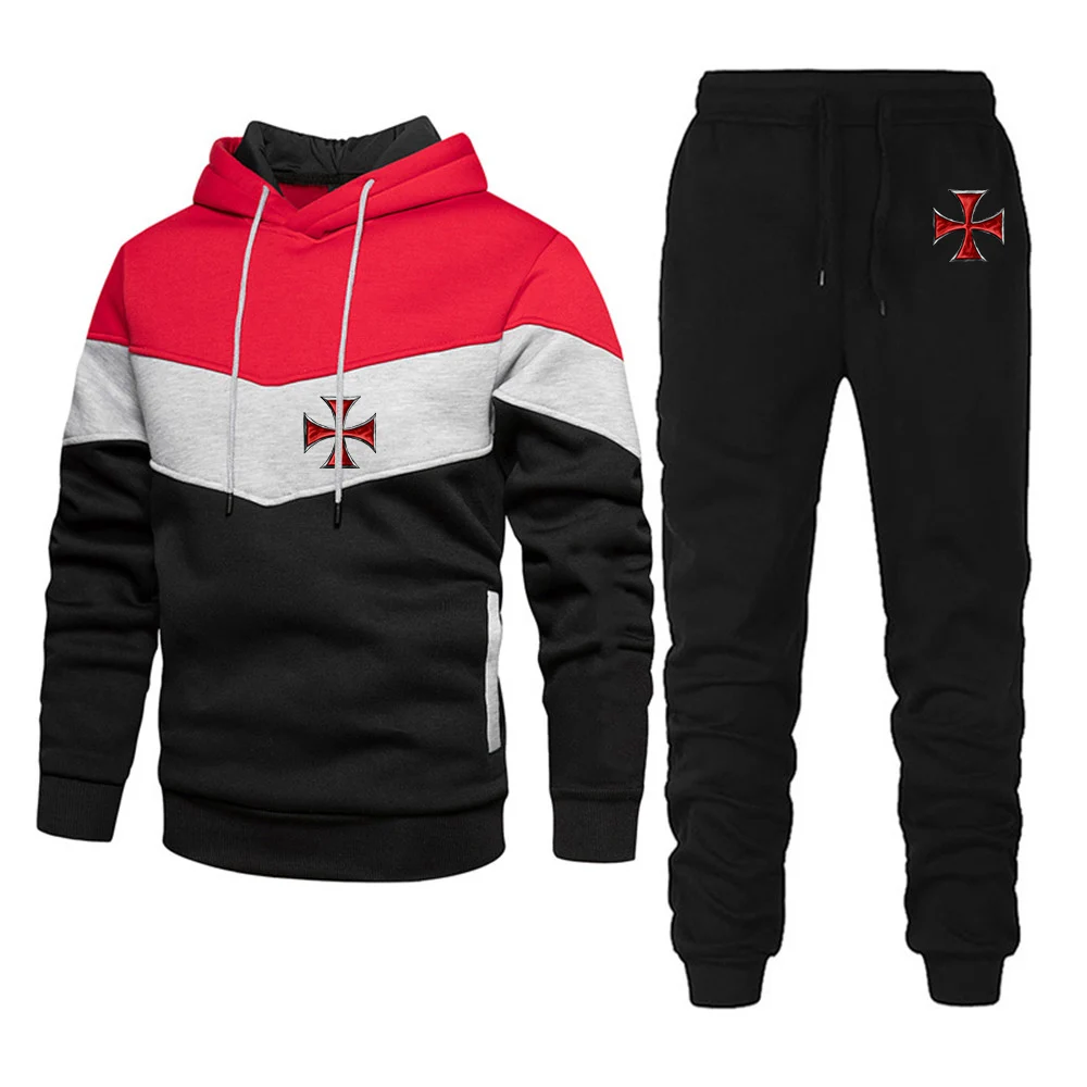 

2022 New Men's Knights Templar Printing Fashion High Quality Three-Color Stitching Hoodies Cotton Leisure Sweatpants 2 Piece Set