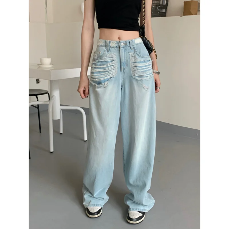 Синие джинсы с высокой талией для женщин американская мода изношенные уличная