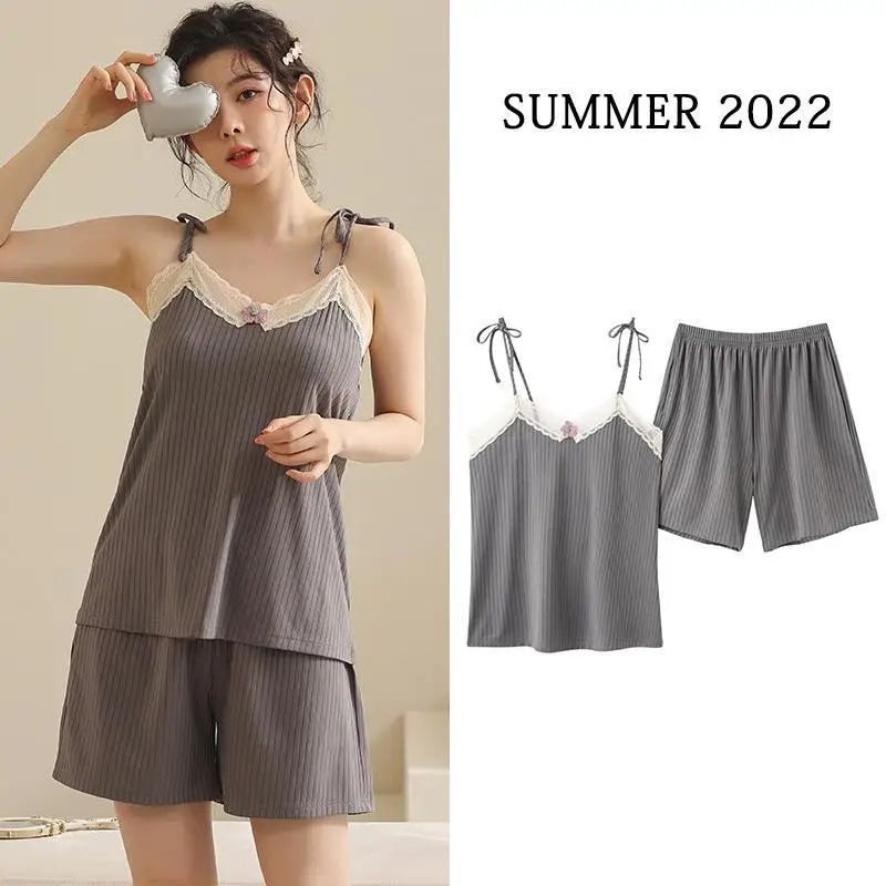 

Summer New Style Suspender Pajamas Women Modal Soft Simple Student Thin Ice Shorts Vest V-neck Lace Sexy Two-piece Suit 4XL
