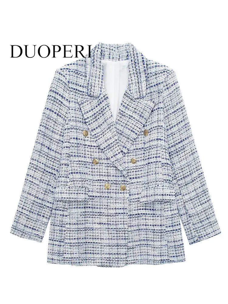 

DUOPERI Women Fashion With Pockets Texture Blazer Vintage Notched Neck Double Breasted Long Sleeves Female Chic Lady Outfits