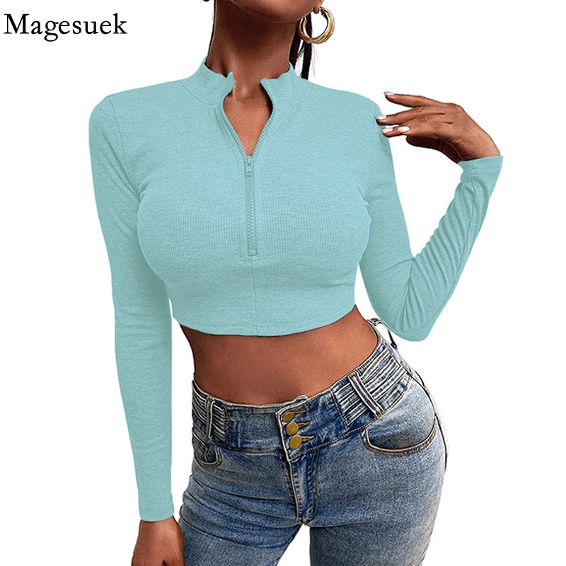 

Кроп-Топ женский однотонный короткий на молнии с воротником-стойкой и длинным рукавом