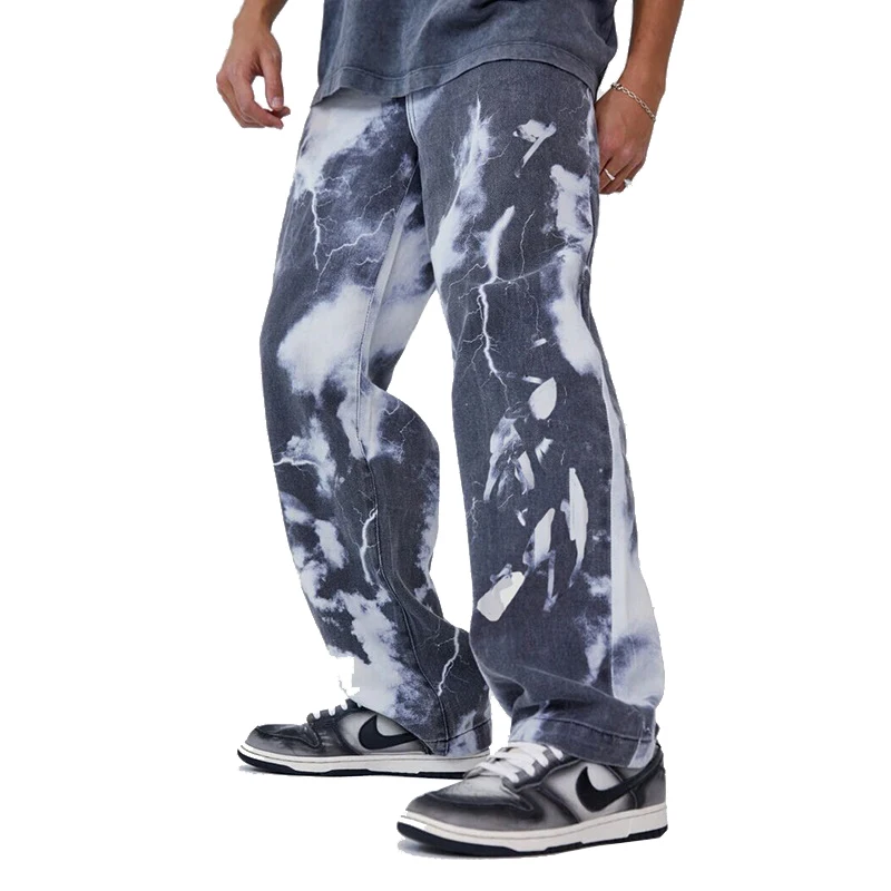 High Street Male Hip Hop Wide Leg Straight Loose Torre Jeans Stretch Baggy Jeans Men Wash Tie Dye Printing Denim Trousers