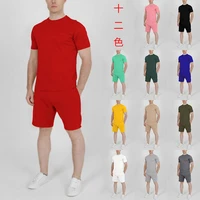 european and american summer new summer mens summer round neck short sleeved shorts solid color slim sports suit