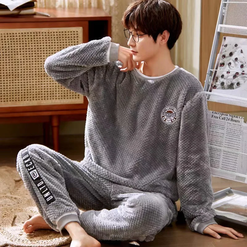 Men's Pajama Sets Winter Thicken Warm Flannel Sleepwear Long Sleeve Trousers 2Pcs/Set Lounge Homewear Pyjamas Suit
