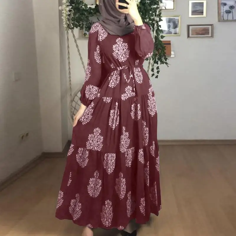 Casual Loose Holiday Elegant Long Robe Oversized Spring Women Printing Muslim Dress Full Sleeved Abaya Kaftan Sundress
