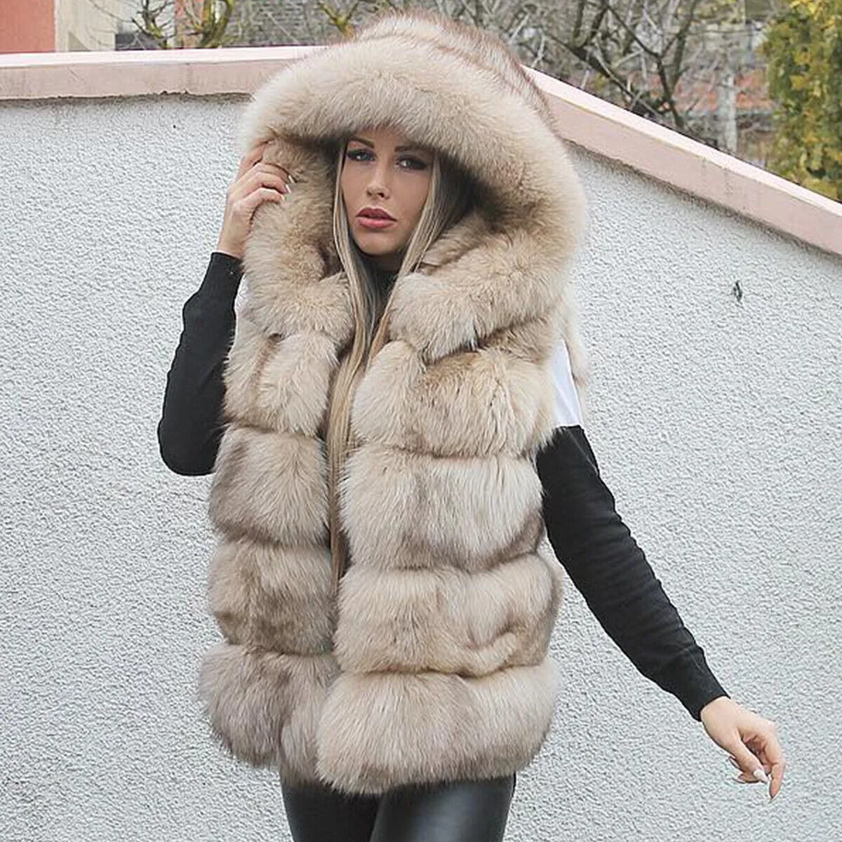 Женский жилет из натурального синего лисьего меха пальто с капюшоном теплый