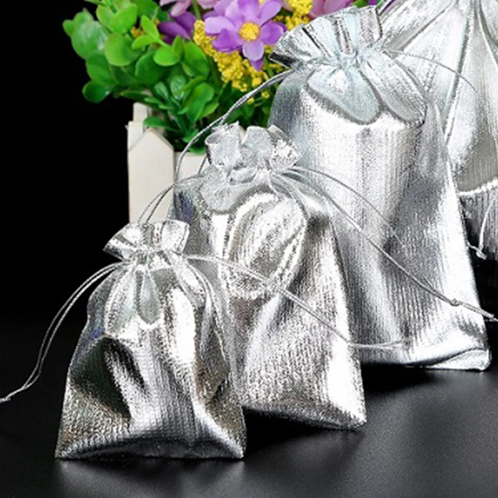 

50pcs Gold Silver Metallic Organza Drawstring Pouches Christmas Wedding Party Favour Gifts Candy Bags Party Decor