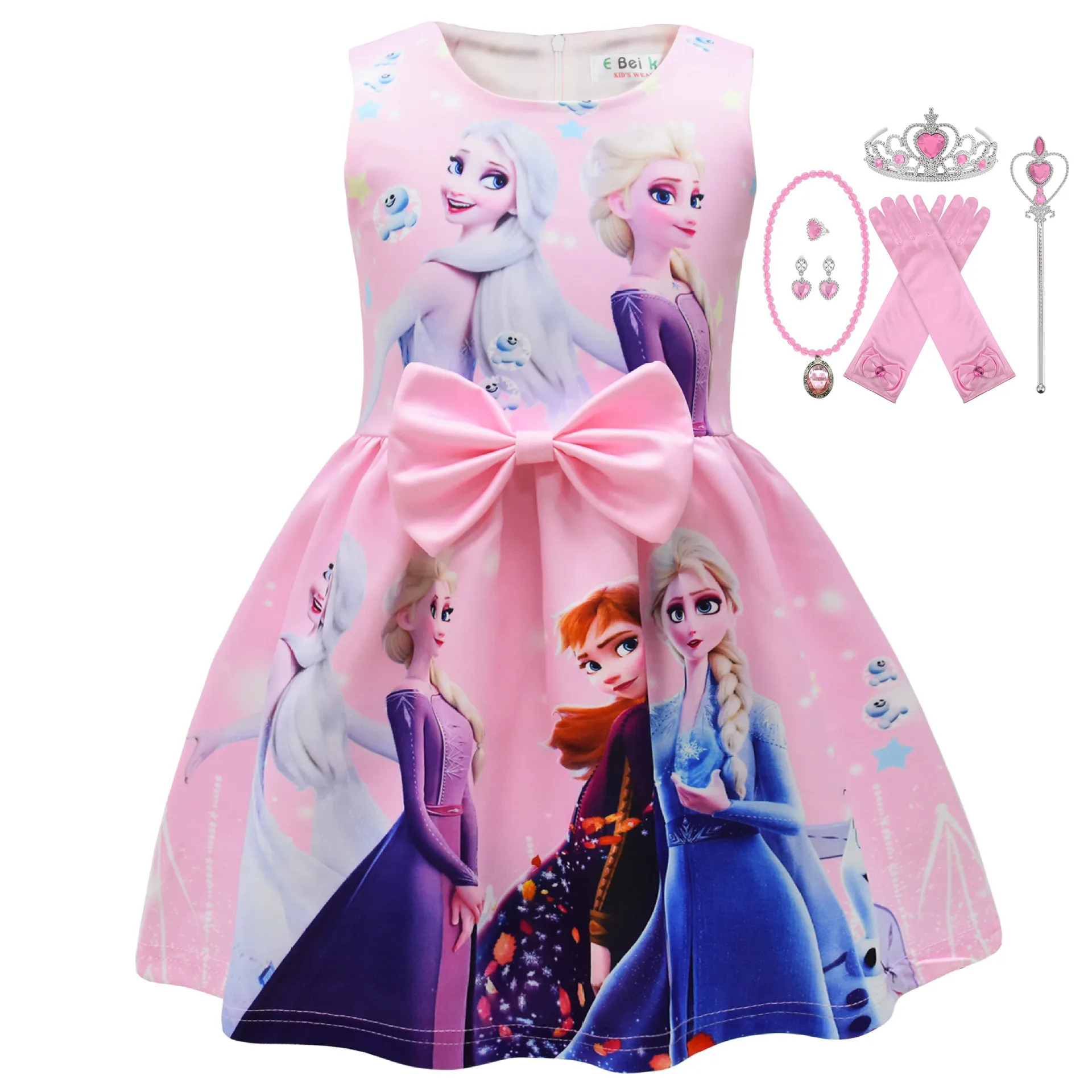 High Quality Girls Bowknot O-neck Princess Dress Cartoon Shark Anna Print Summer Dresses Kids Christmas Carnival Party Clothing