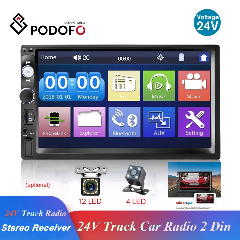 Podofo Autoradio 24V Car Stereo Receiver 2 Din Radio Cassette Recorder Coche Con Pantalla Mirrorlink Audio Player Truck Bus Van