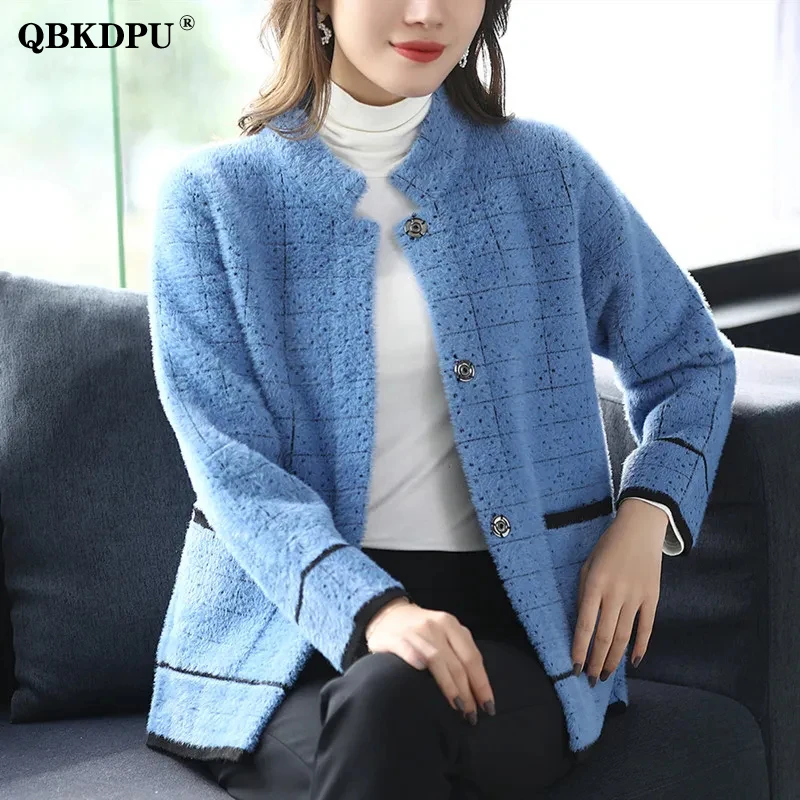 

Женский винтажный свитер в клетку, повседневный Мягкий Вязаный Кардиган из меха норки и бархата, с длинным рукавом, на флисе, в Корейском сти...