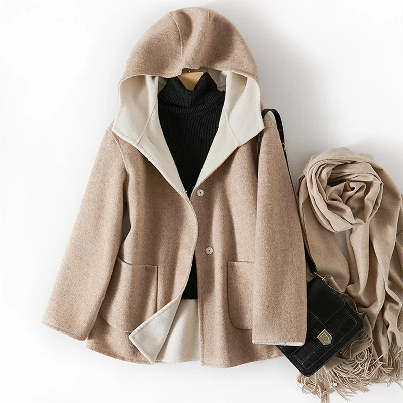 

2023 NEW Women Wool Jacket 80-90%Wool Hooded Jacket Coat Office Lady High Quality Jacket Autumn Winter Woolen Coat Femme K017