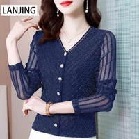 autumn winter new large size v neck mesh lace shirt womens long sleeved t shirt women ladies tops button
