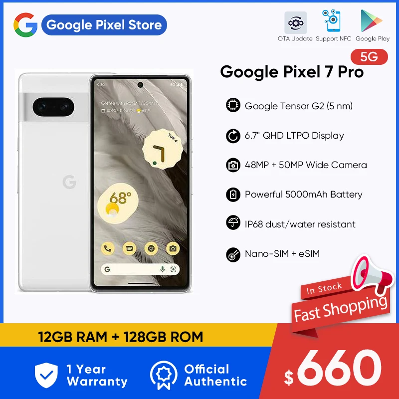 

Google Pixel 7 Pro, восемь ядер, экран 6,7 дюйма, 12 Гб + 128 ГБ