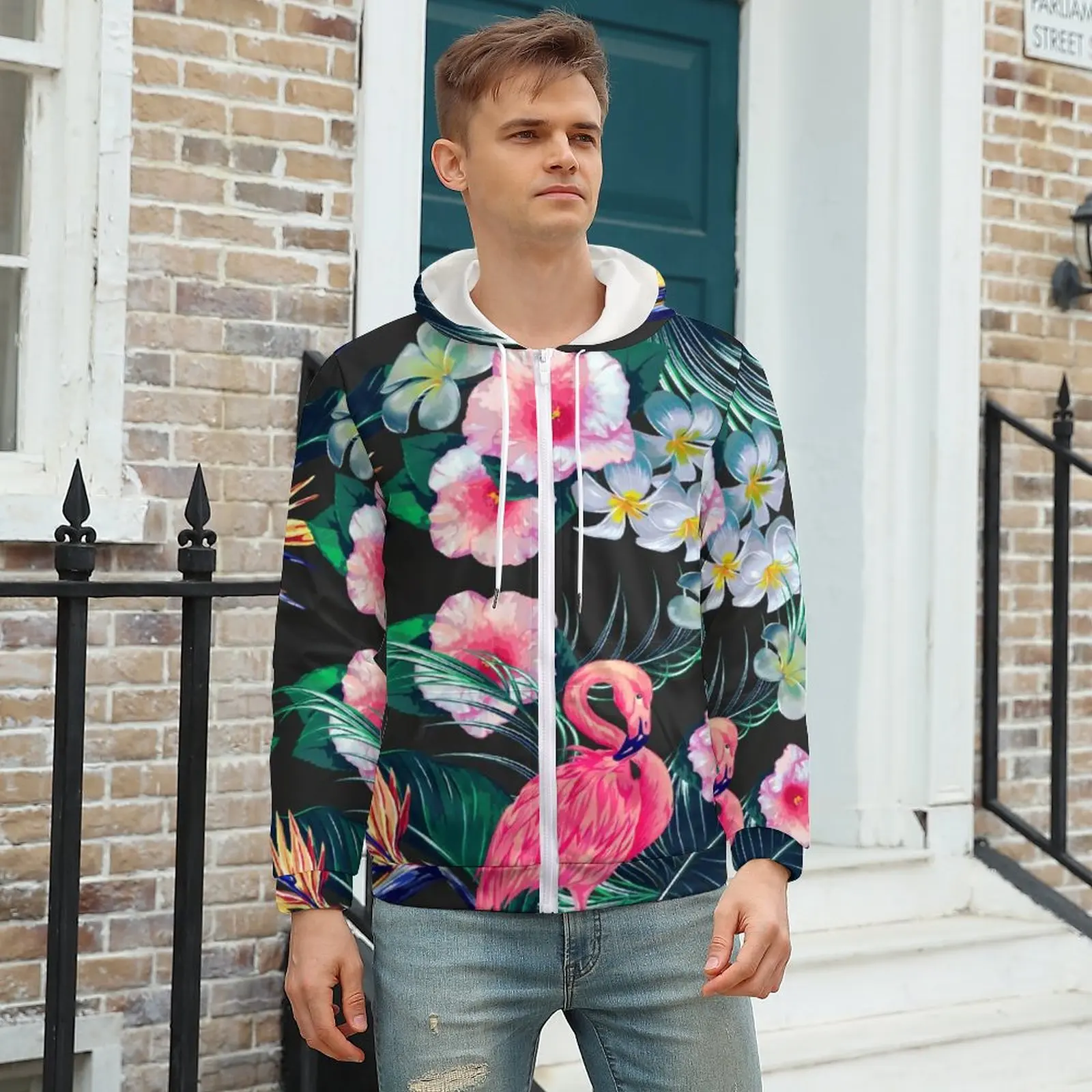 

Forest Palm Leaves Hoodie Floral and Flamingo Print Autumn Hoodies Nice Men Zip Up Hoodie Men Over Size