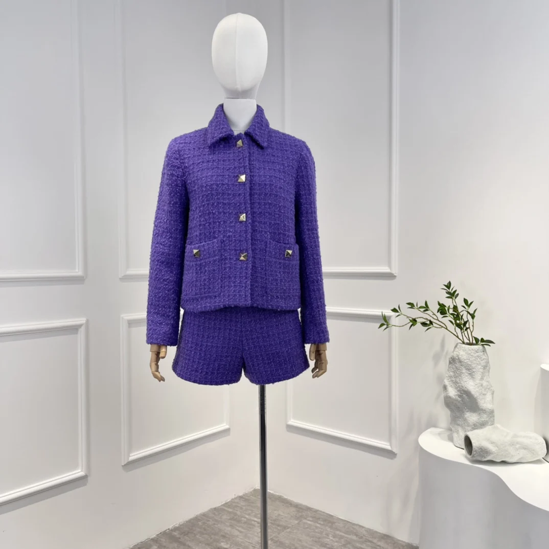 

Top Quality 2022 New Arrival Office Lady Shorts Suit Violet Long Sleeve Tweed Fashion Jacket Set