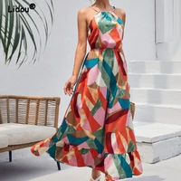 2022 summer women vacation style beach dress printed splicing fashion chic trendyol sleeveless commuter sexy sling long dresses