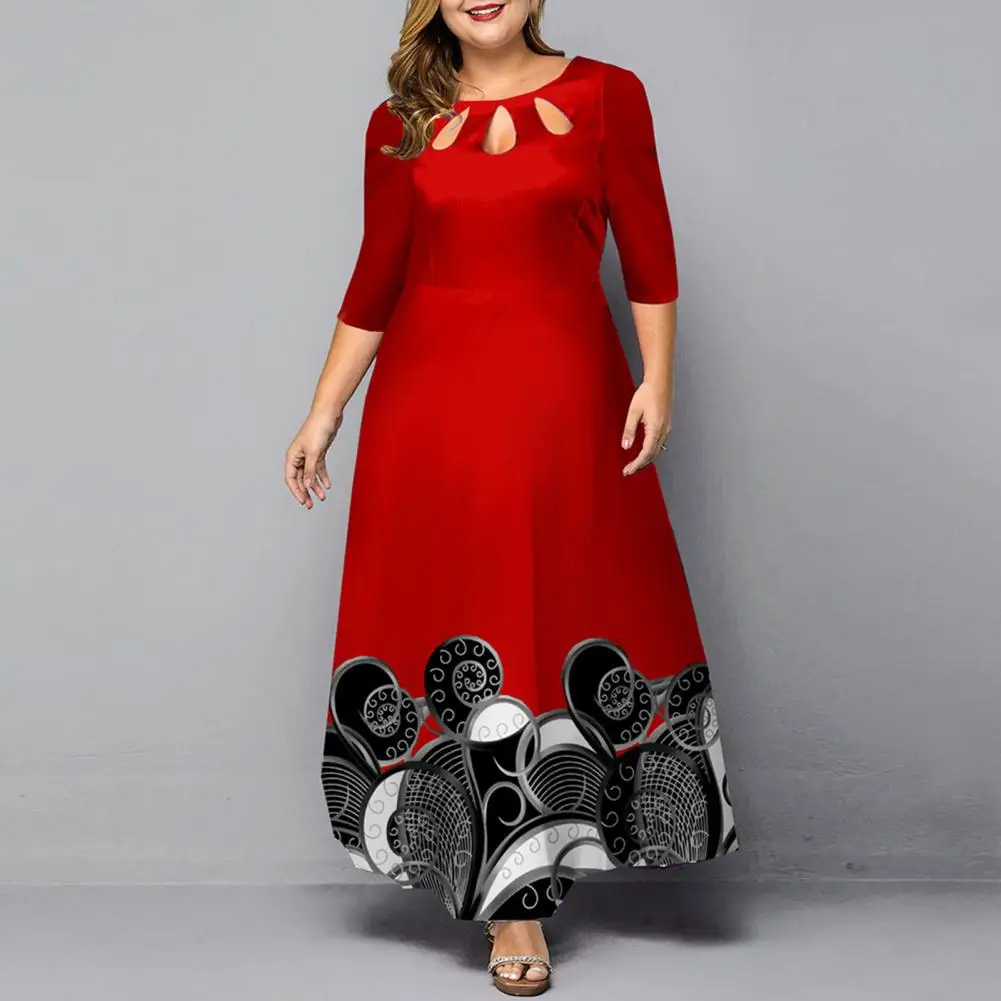 

Digital Print Dress Stylish Women's O-neck Maxi Dress Hollow Out Printing Loose Hem High Waist A-line Gown for Females