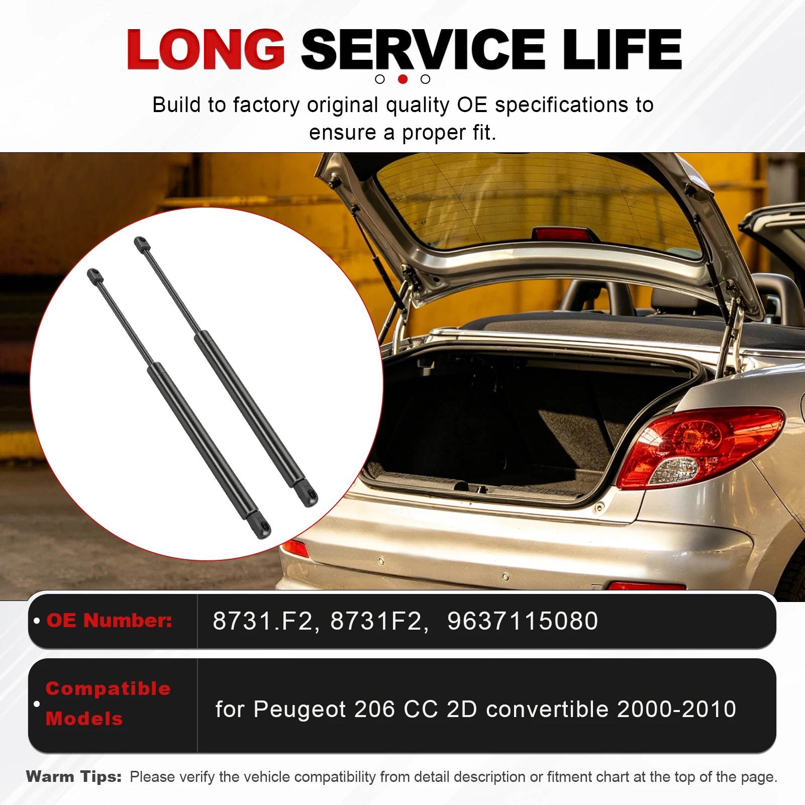 Фото 1 пара газовых амортизаторов задней подвески 9637115080 8731F2 (8731.F2) для Peugeot 206 CC Cabriolet 2000-2011 №2