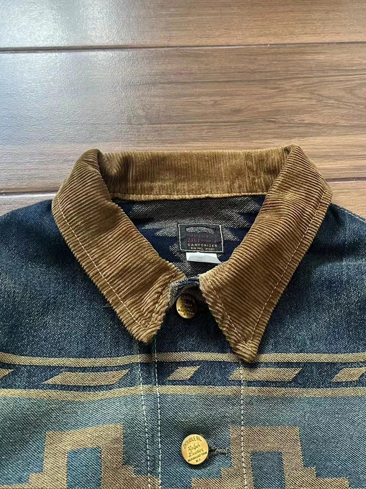 RRL 30th Anniversary Western Style Jacquard Heavy Washed Denim Jacket American Retro Coat Corduroy Collar