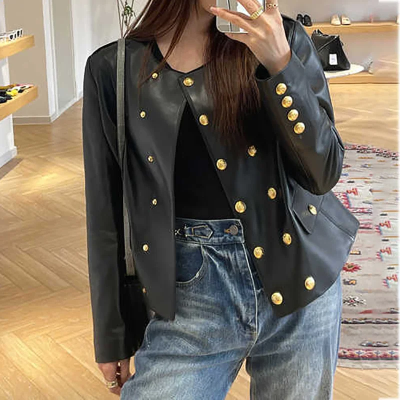 

Genuine Leather Coat 2023 Autumn/Winter New Fashion Versatile Style Metal Button Short Crop Tanned Sheepskin Top Coat