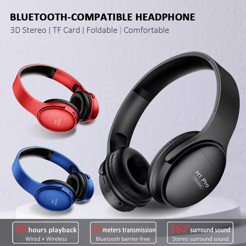 

H1 Pro Bluetooth-Compatible Headphones Wireless Eearphone with Mic Hands-free HIFI Stereo BT5.0 Over-Ear Headset support TF Card
