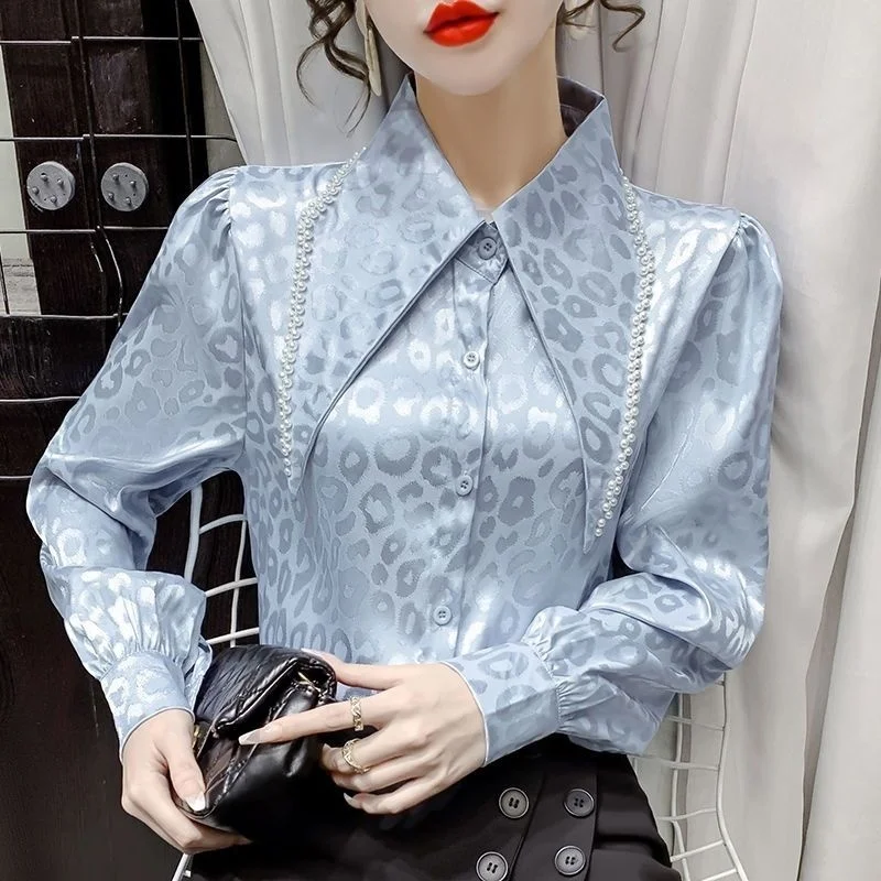

Glossy silk satin leopard white long sleeve shirt blouse Women plus size turn down Autumn spring elegant office lady cloth top