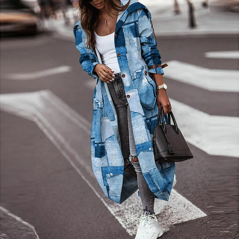 

Women Patchwork Street Trench Cardigan Elegant Casual Single-Breasted Pocket Windbreaker Autumn Fashion Long Sleeve Loose Jacket