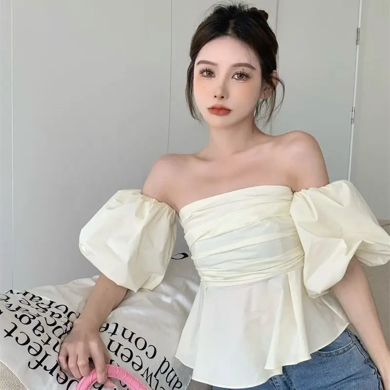 

Sexy Puff Short Sleeve Crop Tops Slash Neck Strapless Blouse Blusas De Mujer Pleated Ruffled Shirts Off Shoulder Blouses Slim