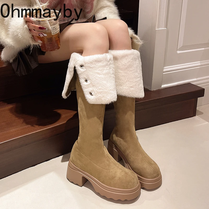 Женские теплые плюшевые высокие сапоги на платформе модные до колена без