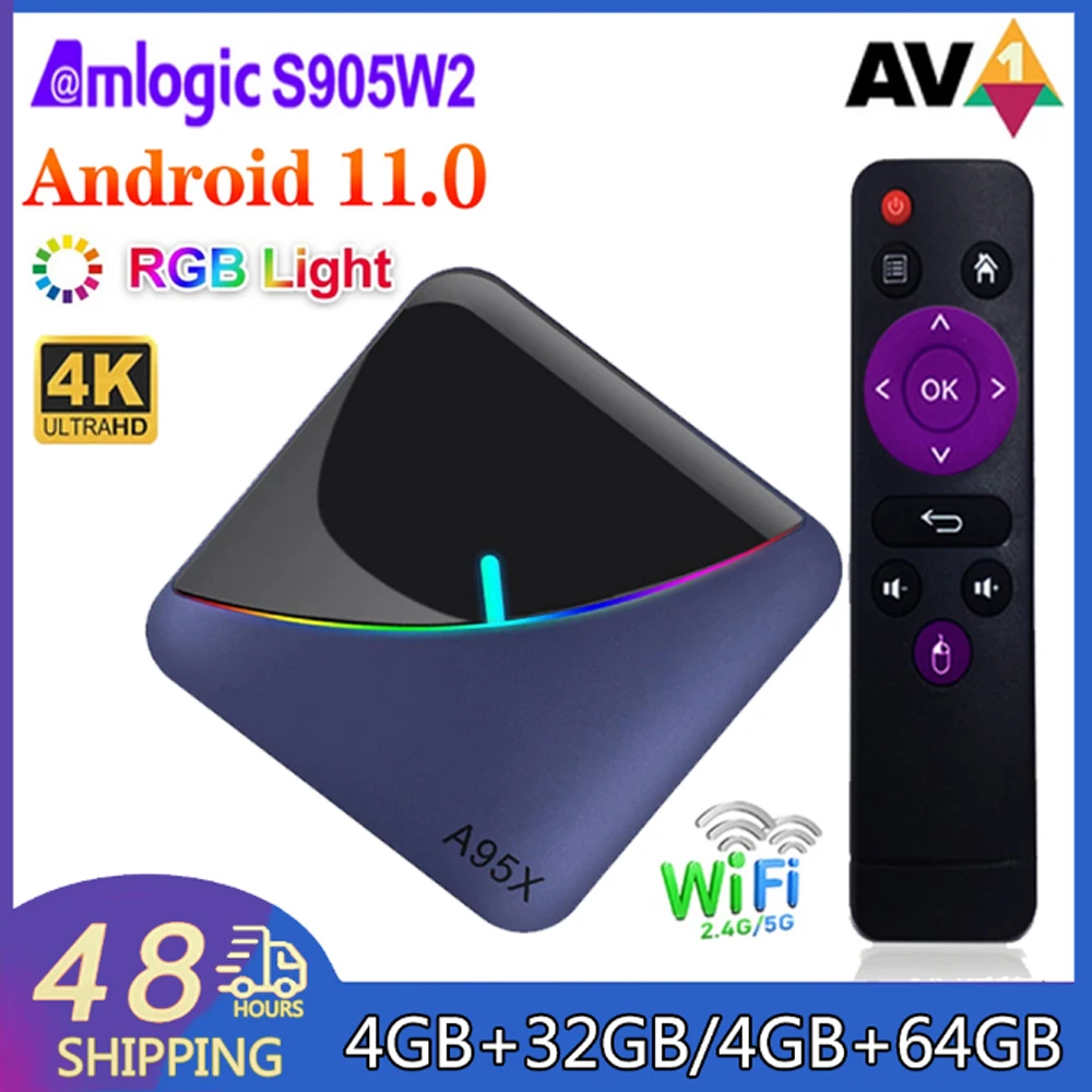 

A95X F3 Air II TV Box Quad-core Amlogic S905W2 AV1 H.265 100M LAN 2.4&5G Dual Wifi BT5.0 HD 4K HDR+ Smart TV Box Media Player
