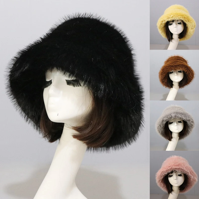 

New Fashion Faux Fur Bucket Hat Women Imitation Fur Warm Rabbit Fur Cap Russian Women Luxury Fluffy Panama Fisherman Hat