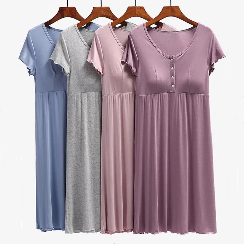 

New Maternity Breastfeeding Dresses Spring Summer Pregnancy Solid Modal Short-Sleeve Nursing Dress Pregnant Women Home Clothes
