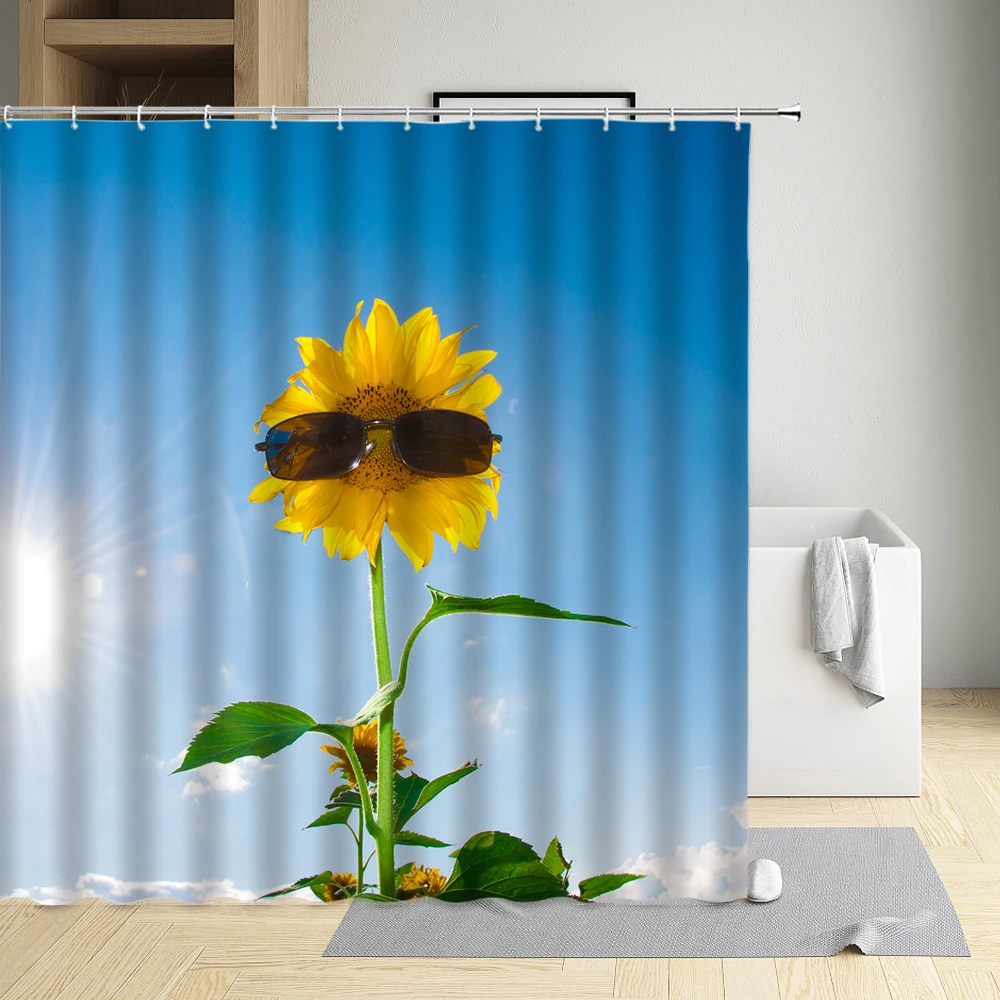 

Занавеска для душа в виде подсолнуха, декоративная штора с рисунком растений, цветов, бабочек, для дома и ванной комнаты, моющаяся ткань с крючками