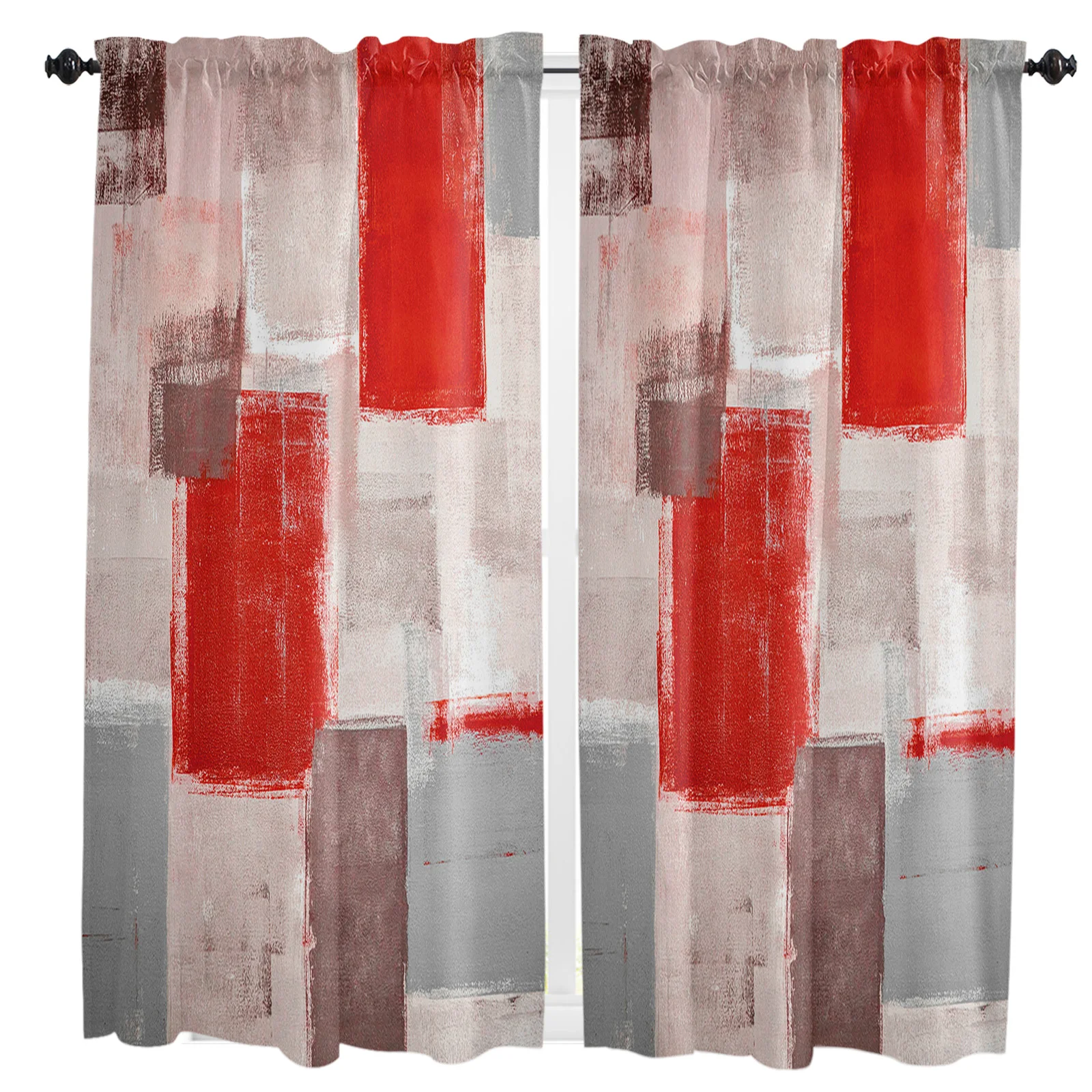

Oil Painting Abstract Geometric Red Curtain Home Decoration Living Room Short Curtains Window Treatments For Kitchen Bedroom