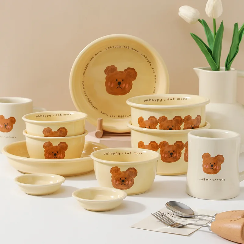 Cute Bear Tableware Korean Ins Style Ceramic Bowl Set Croissant Plate Dish Soup Bowl