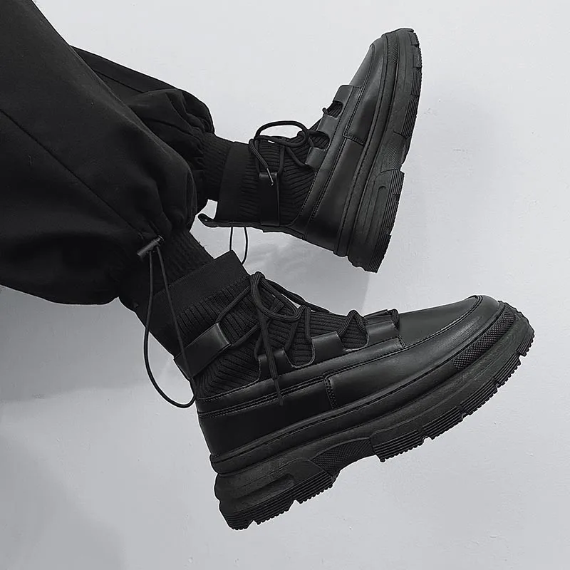 

Autumn Winter New Fashion England Style Men's Boots Comfortable Round Toe Middle Heel Lace-up Heightening Shoes Non-slip