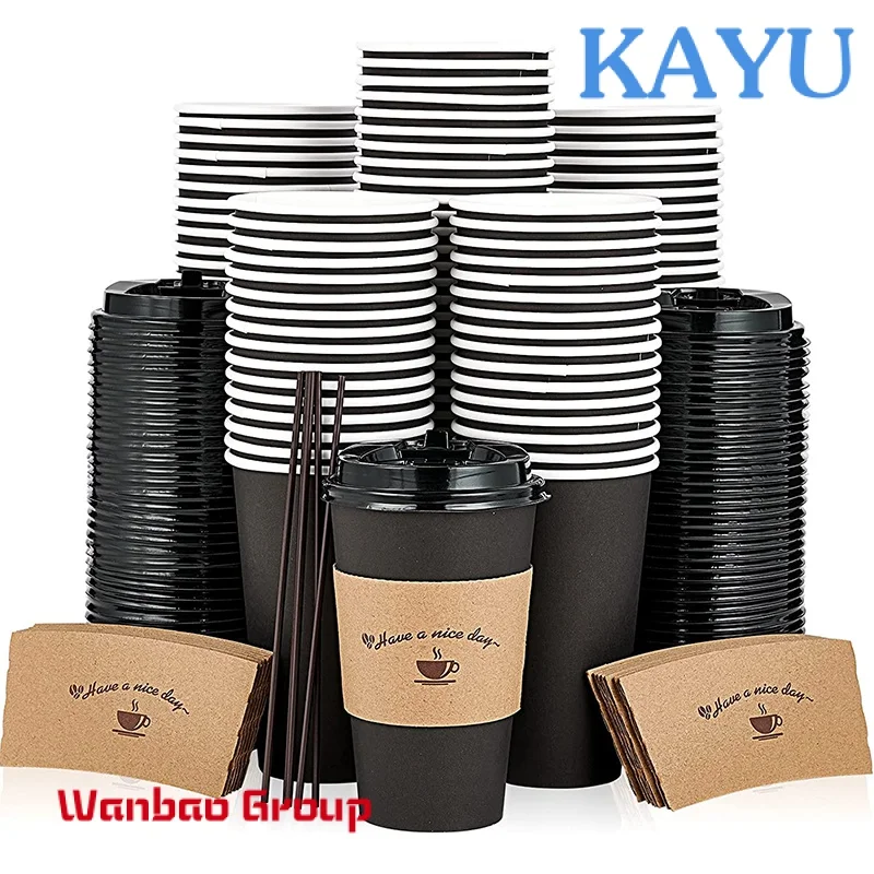 4oz 8oz 12oz 16oz Disposable Double Wall Gold Foil Stamping Custom Logo All Black Hot Coffee Paper Cup With PS Lid