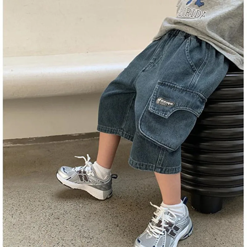 

New 2023 Kids Summer Denim Shorts With Pocket Baby Boys Cotton Short Jeans Children Casual Calf Pants Age 4 5 7 9 11 13 14 Years