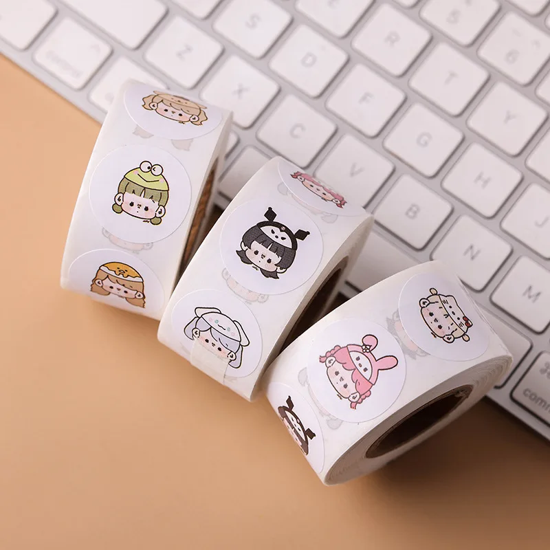 

2023 New Sanrio Girl Round Seal Sticker 500PCS/ Roll Cartoon Self-adhesive Label Children's Roll Roll Hello Kitty Sticker