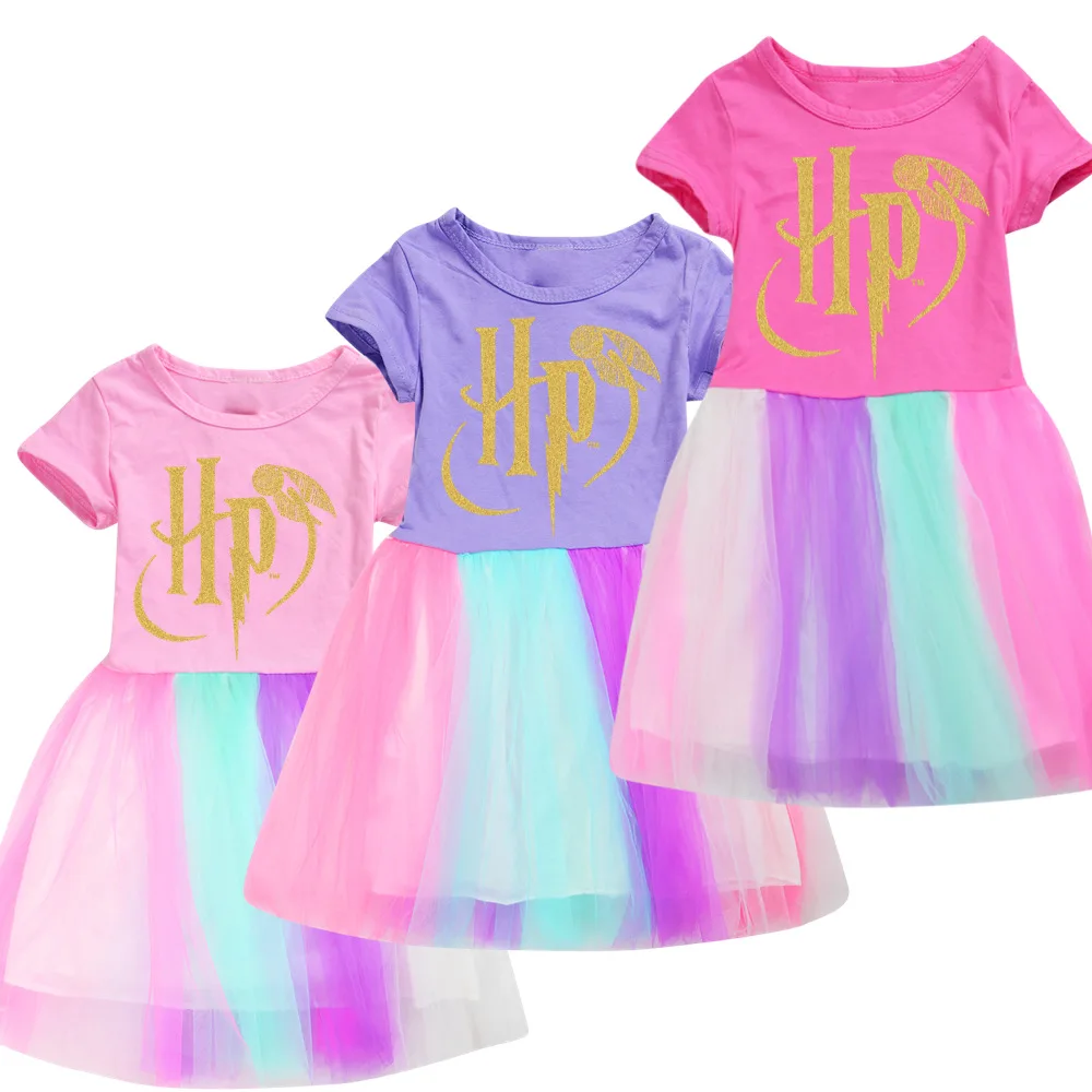 

2021 Toddler Cosplay HP Print Princess Dress Kids Baby Girl Summer Rainbow Dress Short Sleeve Solid Party Casual Dress Clothes